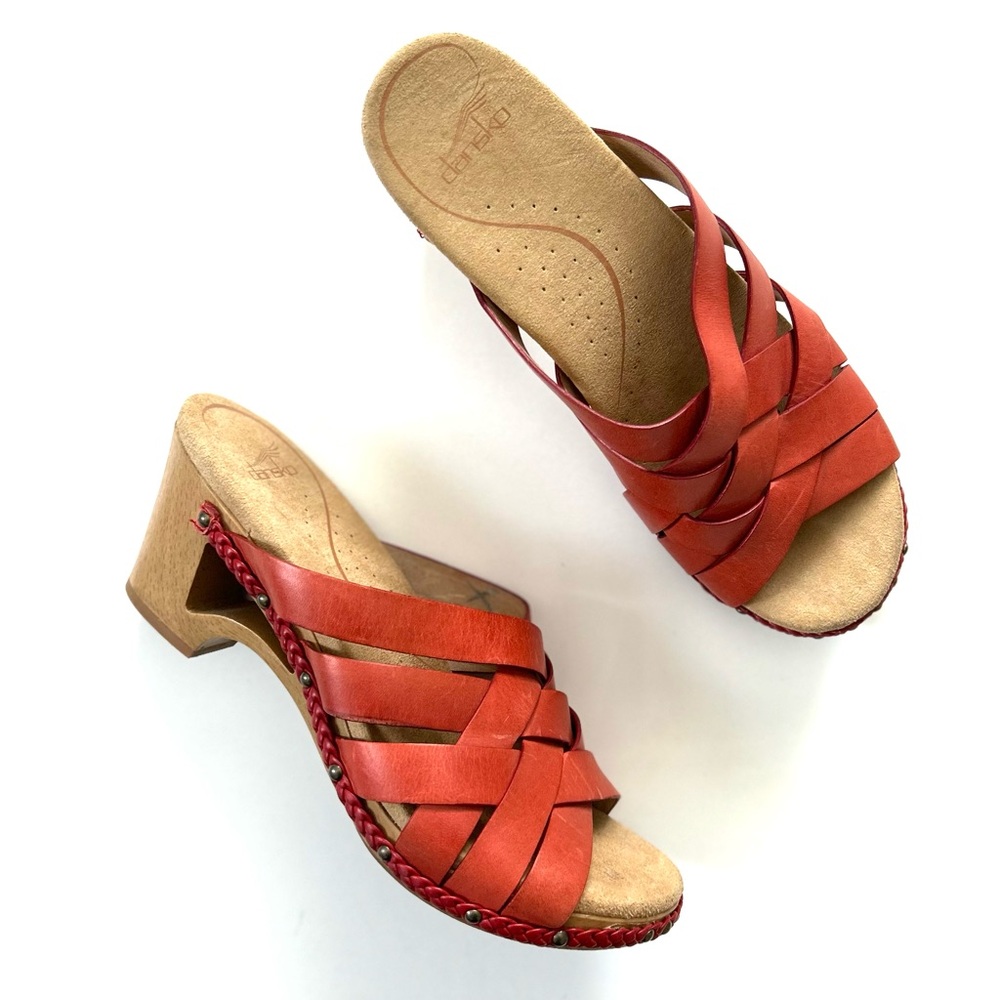 Dansko Red Orange Genuine Leather Strappy Studded Tory Cut-Out Heel Sandals